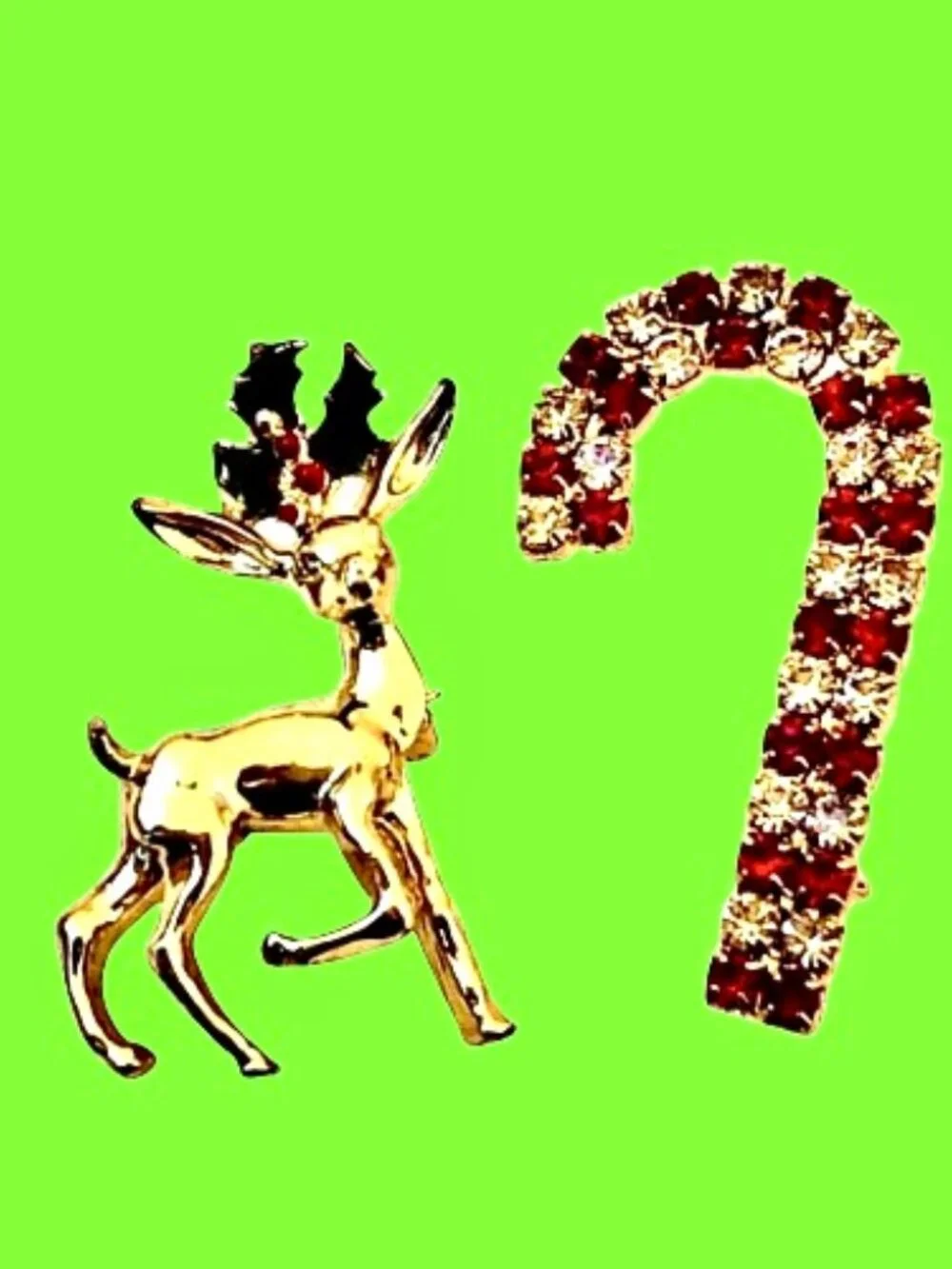 Christmas Vintage Brooch Gerrys Reindeer Enamel + Rhinestone Candy Cane